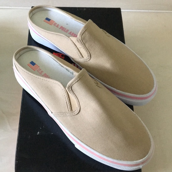 U.S. Polo Assn. Shoes - NIB Polo slide on tennis shoes khaki pink stripe